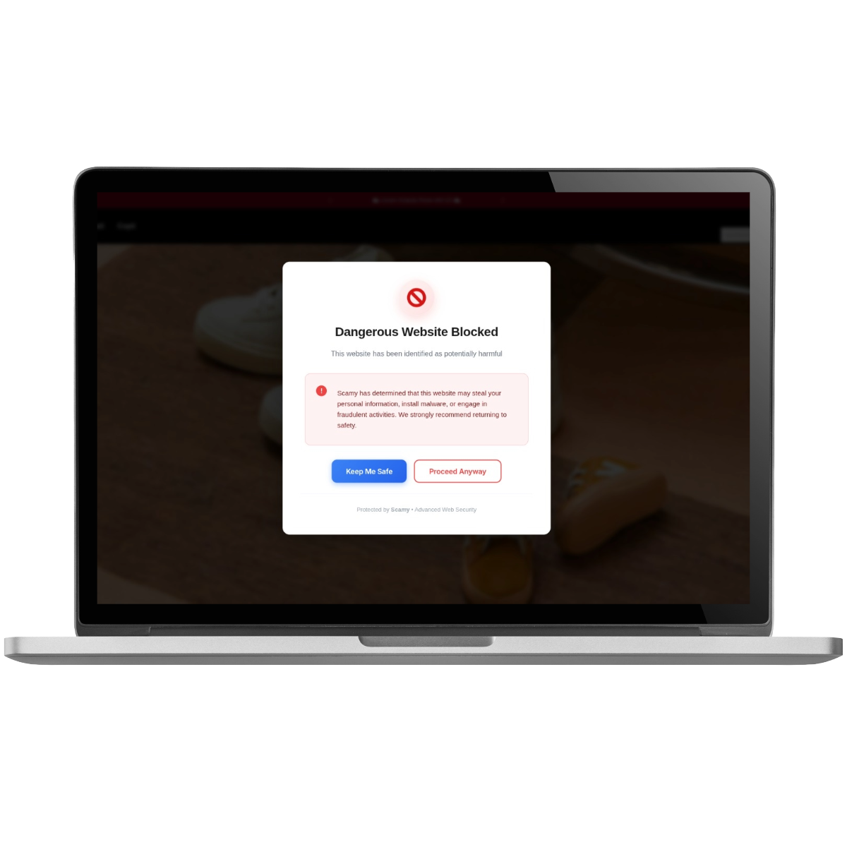 Scamy browser extension - Dangerous Website Blocked Alert